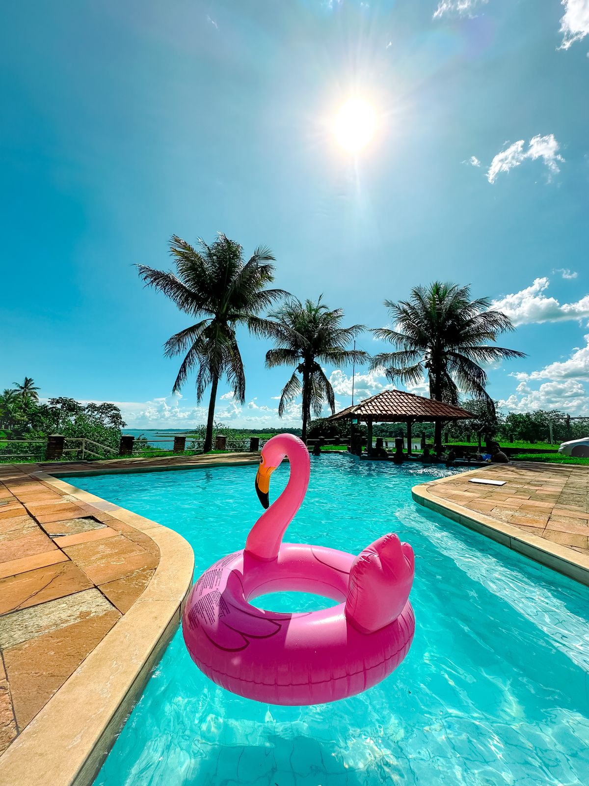 Pink flamingo inflatable float in a swimming pool